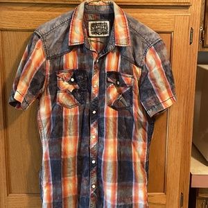 BKE Vintage 67 Button Up Shirt Mens Medium Blue Plaid Pearl Snap Short Sleeve